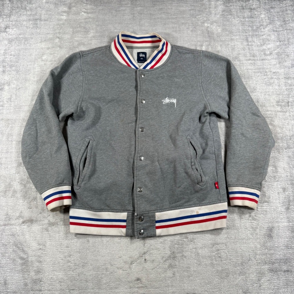 Stussy Jacket Mens Small Gray Varsity Striped Cuff Snap College Sweatshirt